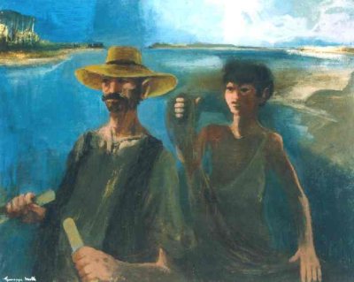 Pescatori su Po, 1955 - olio su tela cm 100x80