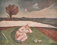 Aldo Carpi "Maschera rosa  lungo il cammino", 1946 olio su tela 100x80